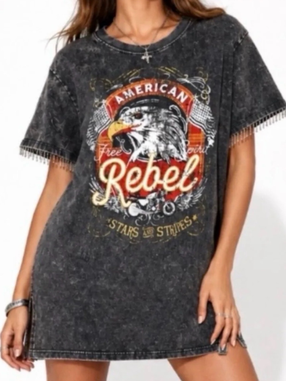 Mimi Chica American Rebel Graphic Fringe Tee Dress Charcoal Wash 2X